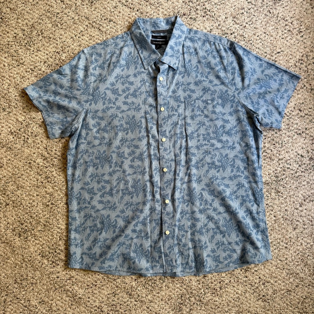 Treasure & Bond Men's Linen Blend Gray Patterned Button Down Trim Fit Shirt XL
